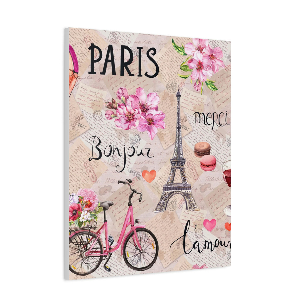 Eiffel Tower Pink Bike Paris Illustration France Canvas High-Quality